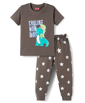 Babyhug Cotton Knit Half Sleeves T-Shirt & Pyjama Night Suit with Dino Print - Charcoal Grey