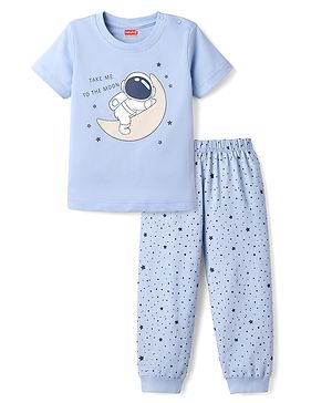 Babyhug Cotton Knit Half Sleeves T-Shirt & Pyjama Night Suit with Astronaut Print - Blue