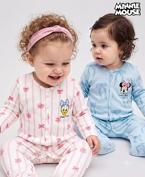 Babyhug Disney Interlock Knit Full Sleeves Footed Sleepsuits with Minnie Mouse & Donald Duck Graphic Pack of 2 - Light Blue