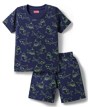 Babyhug Cotton Knit Half Sleeves  T-Shirt & Shorts  Co-Ords Night Suit with Whale Print -  Navy