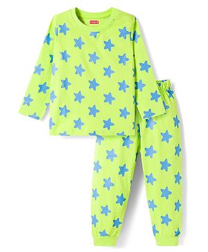 Babyhug Cotton Knit Full Sleeves T-Shirt & Pyjama Co-ord Night Suit with Star Print - Lime Green