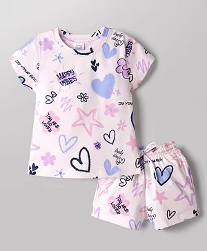 Smarty Sinker Knit Half Sleeves Co-Ord
                      T-Shirt & Shorts Night Suit With Floral Print
                      & Heart Print - Baby Pink