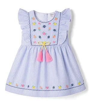 Babyhug Woven Half Frill Sleeves
                                  Floral Embroidered & Striped Frock
                                  - Light Blue
