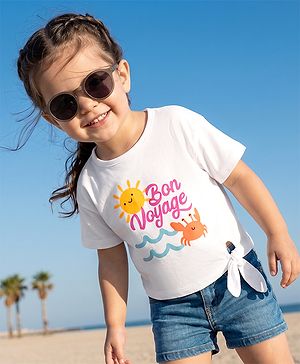 Babyhug 100% Cotton Knit Half Sleeves T-Shirt With Beach Theme - White