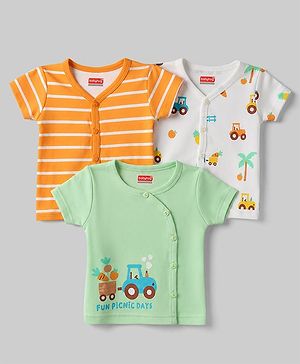 Babyhug 100% Cotton Interlock Knit Half Sleeves Front Open Striped & Car Printed Jhablas Pack of 3 - Orange White & Green