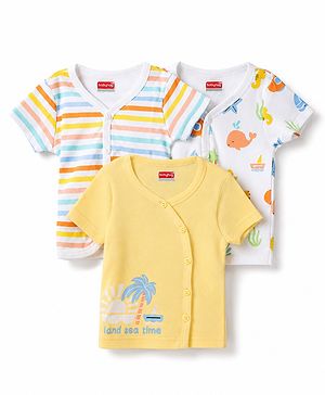 Babyhug 100% Cotton Interlock Knit Half Sleeves Striped Jhablas with Tropical Print Pack Of 3 - White & Yellow