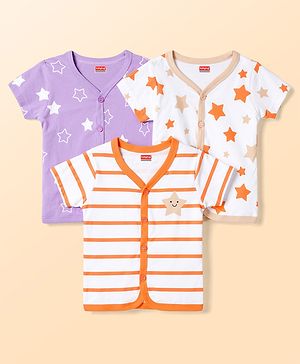 Babyhug 100% Cotton Interlock Knit Half Sleeves Front Open Striped Jhablas with Star Print Pack of 3 -White & Purple