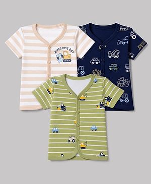 Babyhug 100% Cotton Interlock Knit Half Sleeves Front Open Striped Jhablas With Vehicle Print Pack of 3 - Light Green, Navy Blue & White