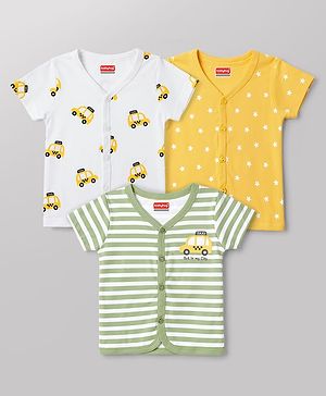 Babyhug 100% Cotton Interlock Knit Half Sleeves Striped Jhablas with Vehicle & Star Print Pack Of 3 - White Green & Yellow