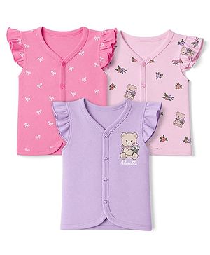 Babyhug 100% Cotton Interlock Knit Half Sleeves Front Open Jhablas With Teddy Bear & Bow Print Pack of 3 - Pink, Dark Pink & Purple