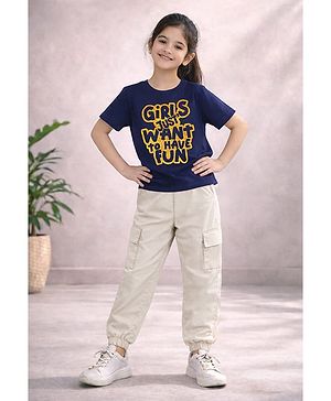 Trampoline Cotton Blend Knit Half Sleeves Girls Just Wanna Have Fun Text Printed Tee & Sweatpants Set - Blue & Beige