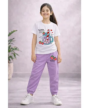 Trampoline Cotton Blend Knit Half
                              Sleeves Bubble Strawberry Milk Text
                              Printed Tee & Sweatpants Set - White
                              & Purple