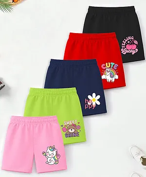 Trampoline Cotton Blend Knit Pack Of
                              5 Unicorn Typography & Floral Printed
                              Shorts - Multi Colour