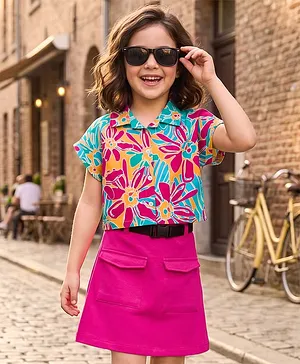 OLLINGTON ST. Sinker Knit Half
                              Sleeves Top & Skirt Set With Belt
                              & Floral Print - Multicolor
