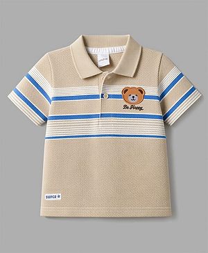 Babyhug 100% Cotton Knit Half Sleeves Polo Striped Polo T-Shirt With Teddy Bear Applique - Beige