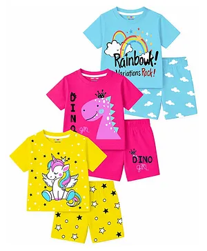KUCHIPOO Cotton Blend Knit Pack Of 3
                              Half Sleeves Unicorn & Rainbow Printed
                              Tee & Shorts Set - Multi Colour