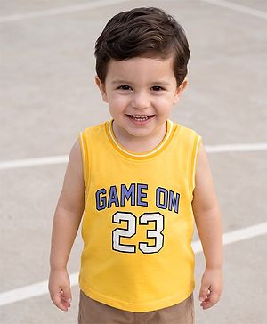 Babyhug 100% Cotton Knit Sleeveless Tank T-Shirt with Text Graphics - Yellow