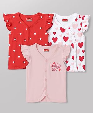 Babyhug 100% Cotton Interlock Woven Sleeveless Jhablas with Hearts & Star Print Pack Of 3 - Pink White & Red