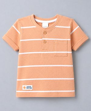 Babyhug Cotton Knit T-Shirt Half Sleeves Striped Henley Tee with Graphics Multi Color 9-12 Months