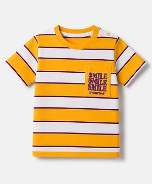 Babyhug 100% Cotton Knit Half Sleeves Striped T-Shirt with Smile Everyday Print - Mustard