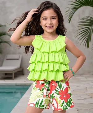 OLLINGTON ST. Sinker Knit Sleeveless
                              Frill Top & Shorts Set With Floral
                              Print - Limegreen