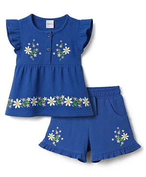 Babyhug Cotton Woven Sleeveless Top
                              & Shorts Set With Floral Embroidery -
                              Blue
