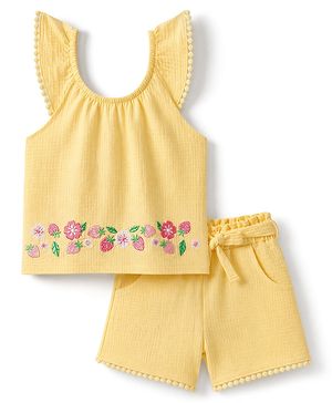 Babyhug 100% Cotton Single Jersey Knit Sleeveless Floral & Tropical Theme Embroidered Top & Shorts Set - Orange