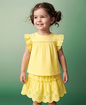 Babyhug Cotton Woven Sleeveless Solid Textured Top & Skirt Set - Yellow