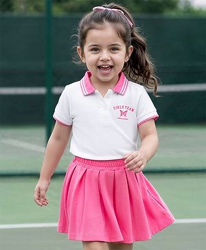 Babyhug Single Jersey Knit Half Sleeves Top & Skirt Set with Butterfly Print - White & Pink