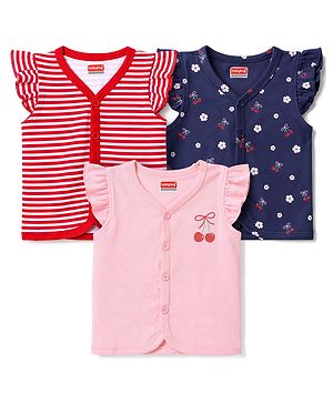Babyhug 100% Cotton Interlock Knit Frill Sleeves Stripe & Floral Printed Front Open Jhablas Pack of 3 - Pink Red & Navy