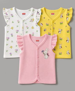 Babyhug 100% Cotton Knit Frill Sleeves Bunny & Floral Printed Jhablas Pack Of 3 - Yellow Pink & White