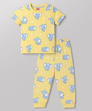 Babyhug Cotton Knit Half Sleeves T-Shirt & Pyjama Co-ord Night Suit with Elephant Print - Yellow