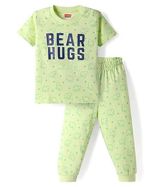 Babyhug Cotton Knit Half Sleeves T-Shirt & Pyjama Co-ord Night Suit with Bear Print - Green
