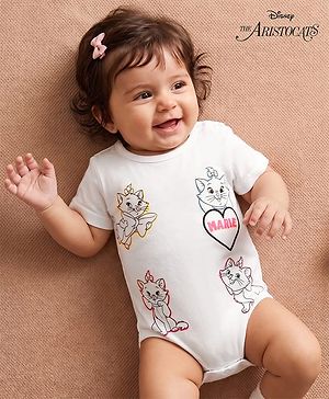 Babyhug Disney Interlock Knit Half Sleeves Onesies With Marie Graphic - White