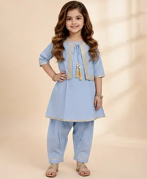The Magic Wand Cotton Woven Solid
                              Kurta With Three Fourth Sleeves Lace
                              Embellished Jacket & Pants Set - Blue