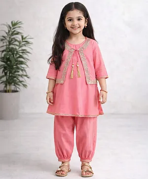 The Magic Wand Cotton Woven Solid
                              Kurta With Three Fourth Sleeves Lace
                              Embellished Jacket & Pants Set - Pink