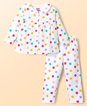 Babyhug Cotton Knit Full Sleeves Polka Dots Printed Co-Ords Top & Pyjama Night Suit - White