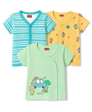 Babyhug 100% Cotton Knit Half Sleeves Striped Vehicles & Bear Printed Jhablas Pack Of 3 - Light Blue Yellow & Light Green