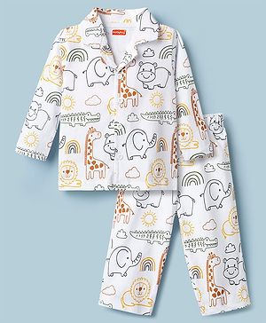 Babyhug Cotton Knit Full Sleeves Animal Printed Co-Ords Shirt & Pyjama Night Suit - White