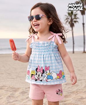 Babyhug Disney 100% Cotton Knit Sleeveless T-Shirt With Tie Up Strap & Shorts Set With Minnie Mouse Family Graphics Pack Of 2 - Light Blue & Pink