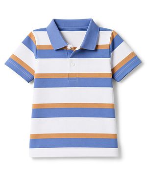 Babyhug 100% Cotton Knit Half Sleeves Striped Polo T-Shirt - White