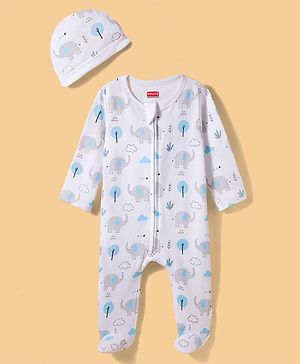 Babyhug Cotton Knit Full Sleeves Footed Sleepsuit & Cap With Elephant & Jungle Print - White