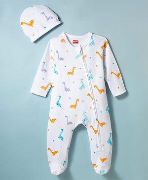 Babyhug Cotton Knit Full Sleeves Footed Sleepsuit With Dino Print & Cap - White