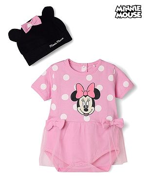 Babyhug Disney Interlock Knit Half Sleeves Onesie and Cap With Minnie Mouse Graphic and Applique Detailing - Pink