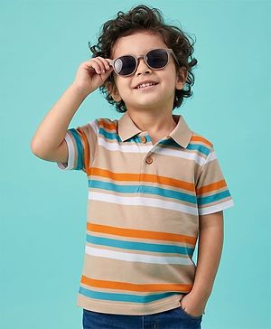 Babyhug 100% Cotton Knit Half Sleeves Polo T-Shirt With Stripes - Tan