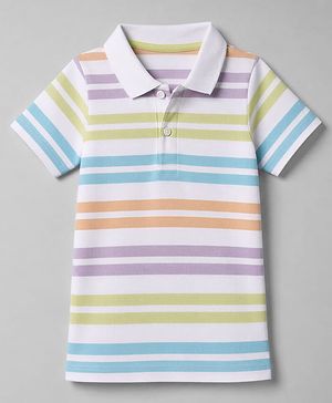 Babyhug 100% Cotton Knit Half Sleeves Polo T-Shirt with Striped Print - White