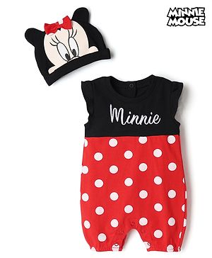 Babyhug Disney Interlock Knit Frill Sleeves Romper and Cap With Minnie Mouse Graphic - Red