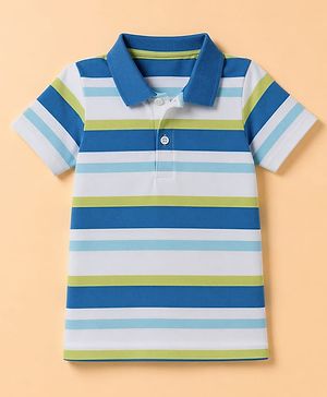 Babyhug 100% Cotton Knit Half Sleeves Polo T-Shirt with Stripes - White & Blue
