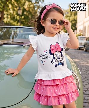 Babyhug Disney 100% Cotton Knit Half Frill Sleeves Top With Layered Skirt With Headband With Polka Dots & Minnie Mouse Graphic- White & Pink