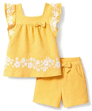 Babyhug Cotton Woven Sleeveless Top
                              & Shorts Set With Floral Embroidery -
                              Yellow